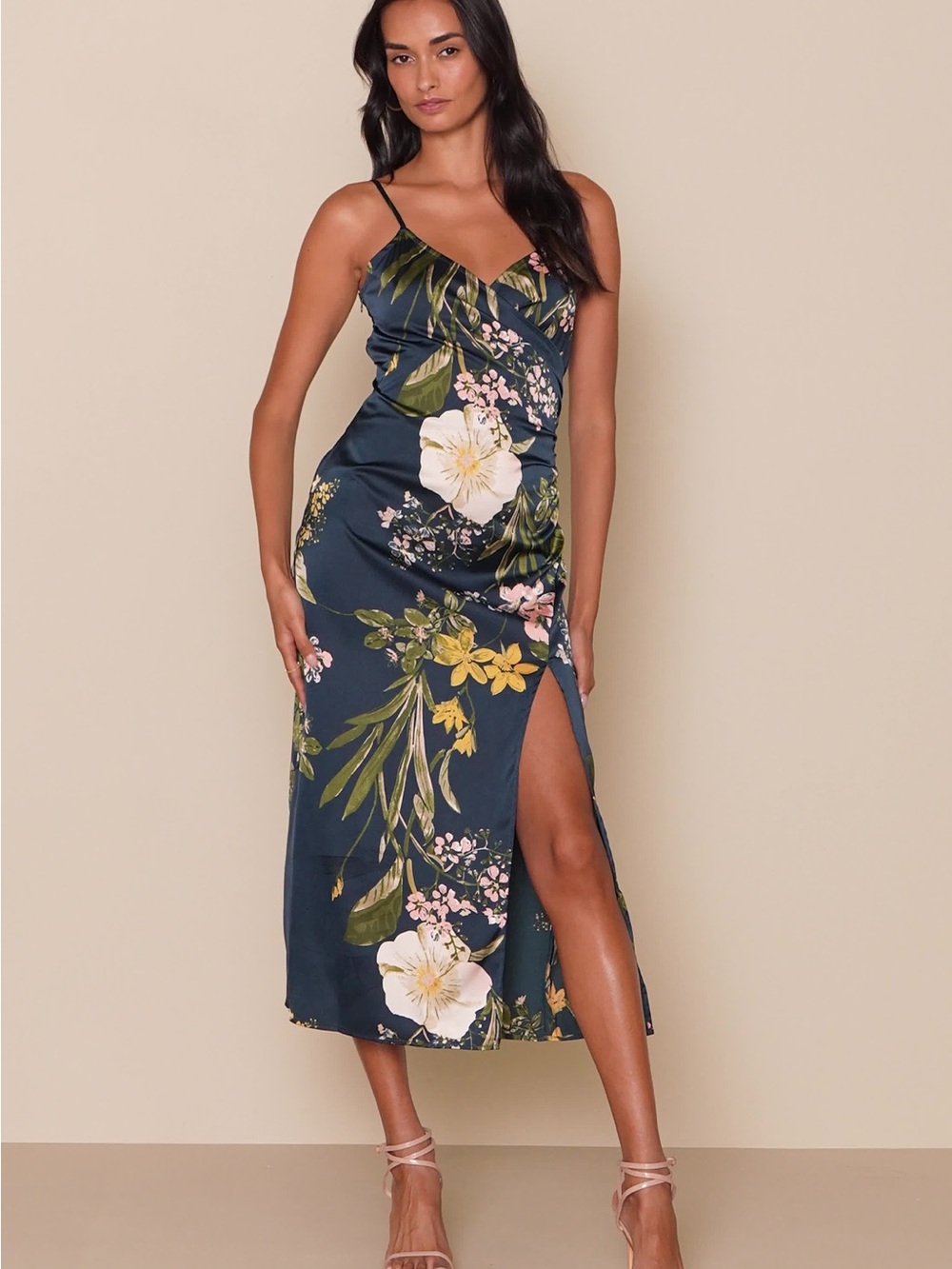 Lulus Remarkable Entrance Navy Blue Floral Print Satin Midi Dress xl wedding
